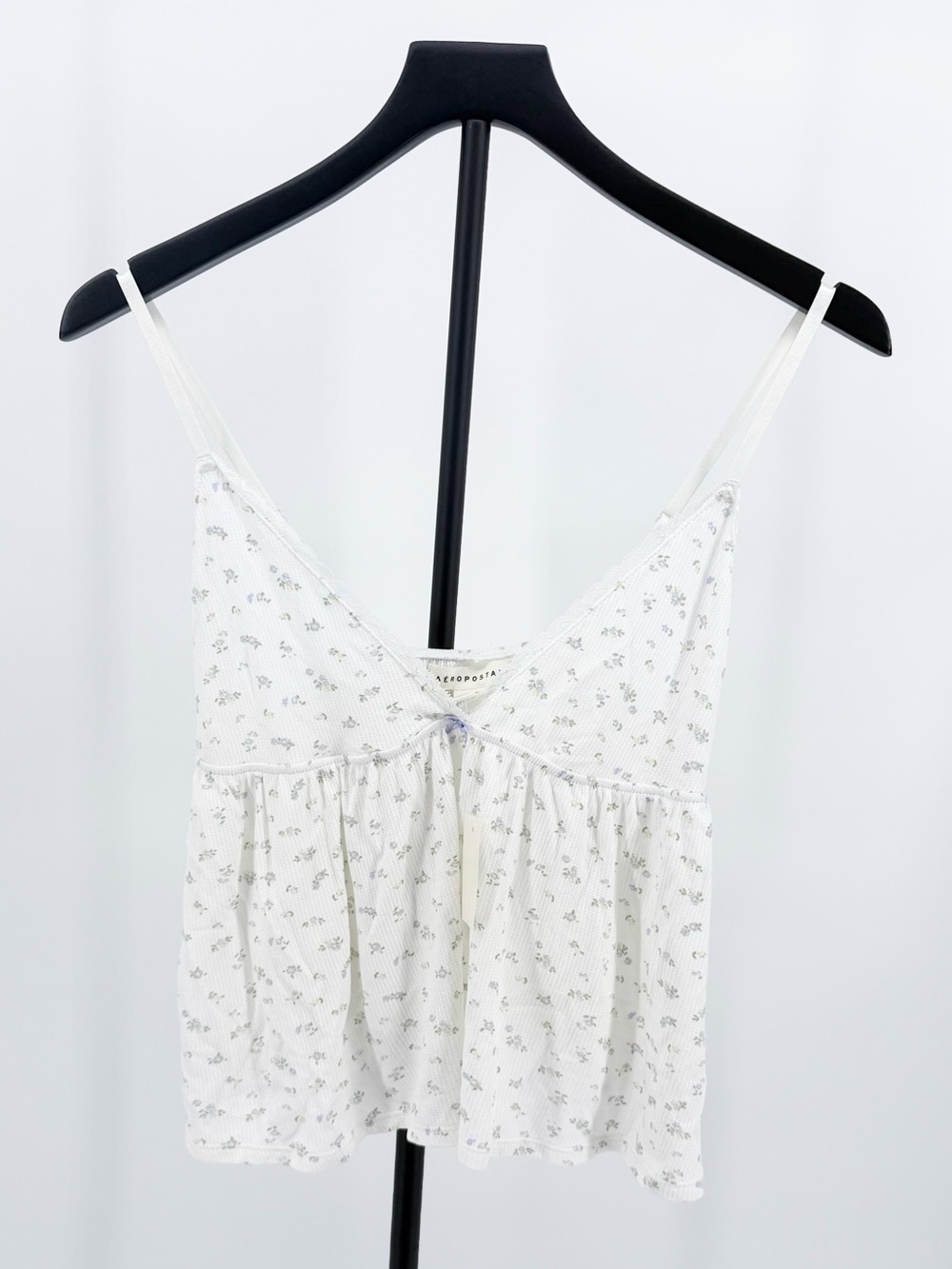 Aeropostale NWT Floral Pointelle Babydoll Cami Tank Top White Blue Size M